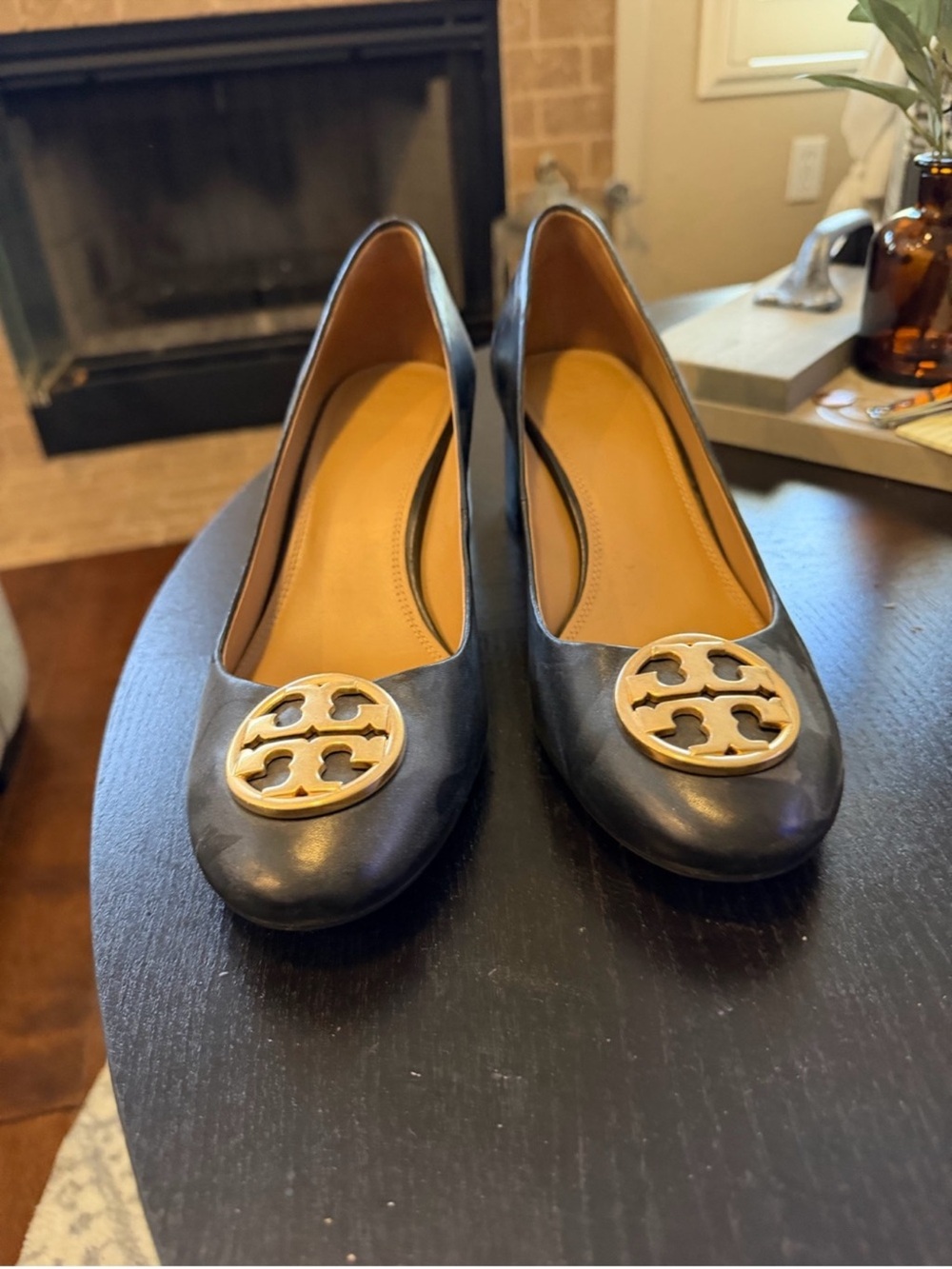Tory Burch Black Leather Flats with Gold Logo Medallions